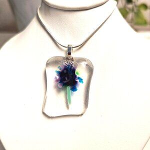 OOAK sculptured flower pendant necklace, Purple & blue fused glass jewelry gift